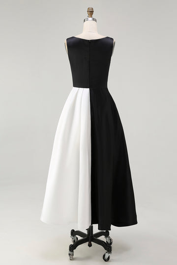 Black and White Boat Neck A Line Midi Formal Dress